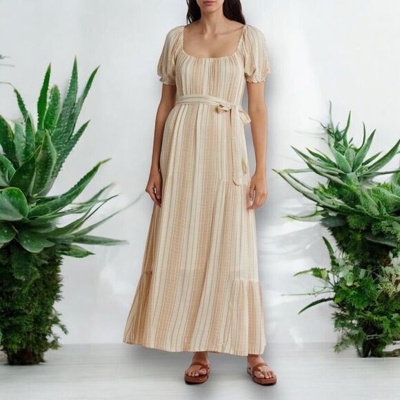 LOVESTITCH Women’s Stripe Puff Sleeves Maxi Dress in Size Large in Natural/Tan - Picture 2 of 7